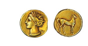 Se tolv av de mest spennende myntene ved å bruke piltastene til venstre og høyre.
KARTHAGO: Konflikten mellom Romerriket og Karthago varte i 23 år. For å betale leiehæren ble gullmyntene etter hvert utblandet med sølv.